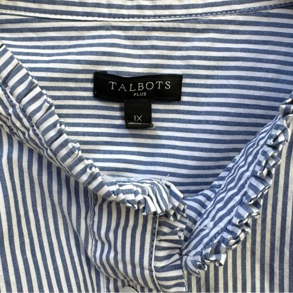 Talbots Women’s Plus Size 1X Blue/White Ruffle Collar Striped Long Sleeve Shirt - Picture 5 of 8